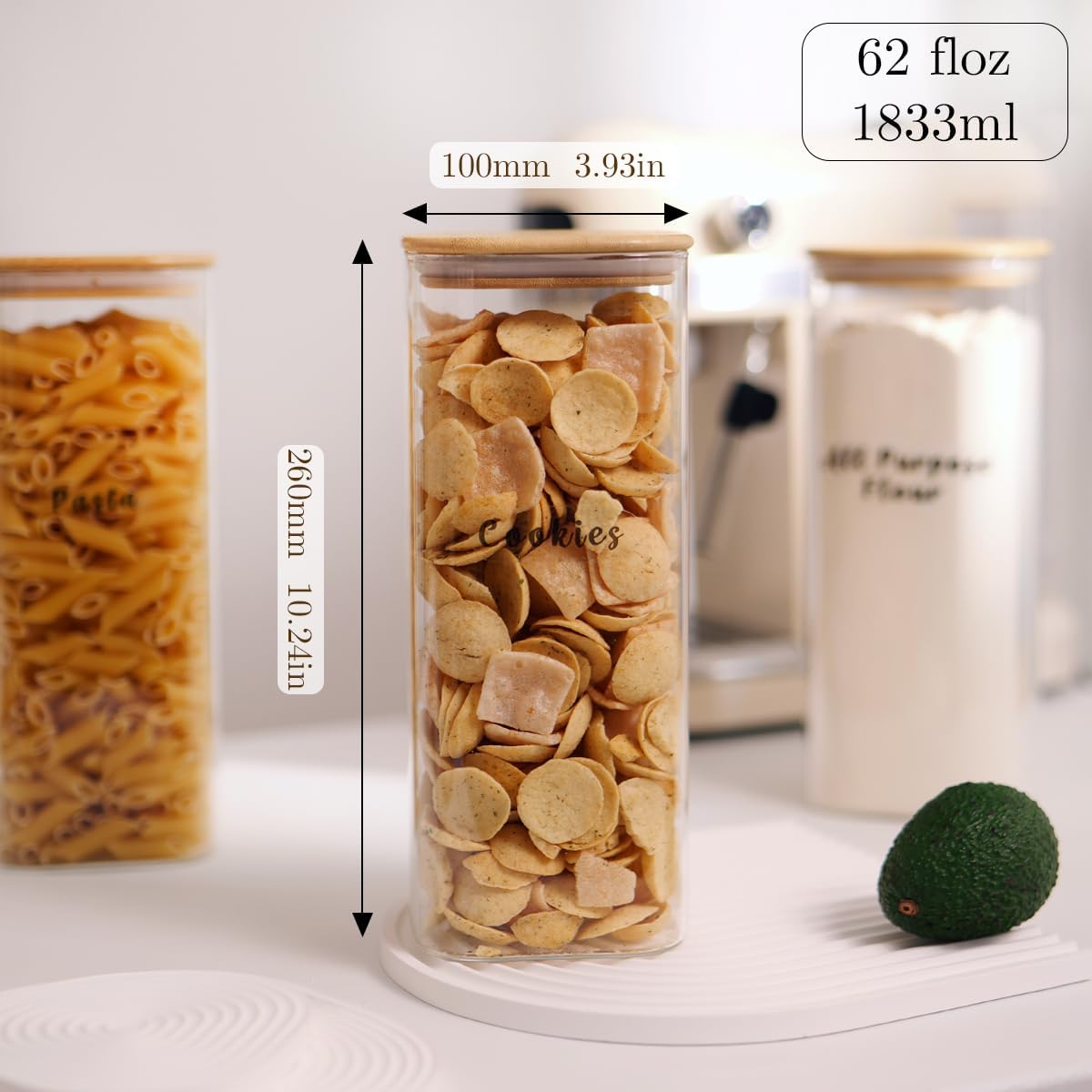 3 Pcs Square Glass Pantry Storage Containers with Bamboo Airtight Lid and 248 Clear Pantry Labels Preprinted - 62oz Thicken Glass Food Storage Jars for Coffee, Cookie, Tea, Sugar, Spice