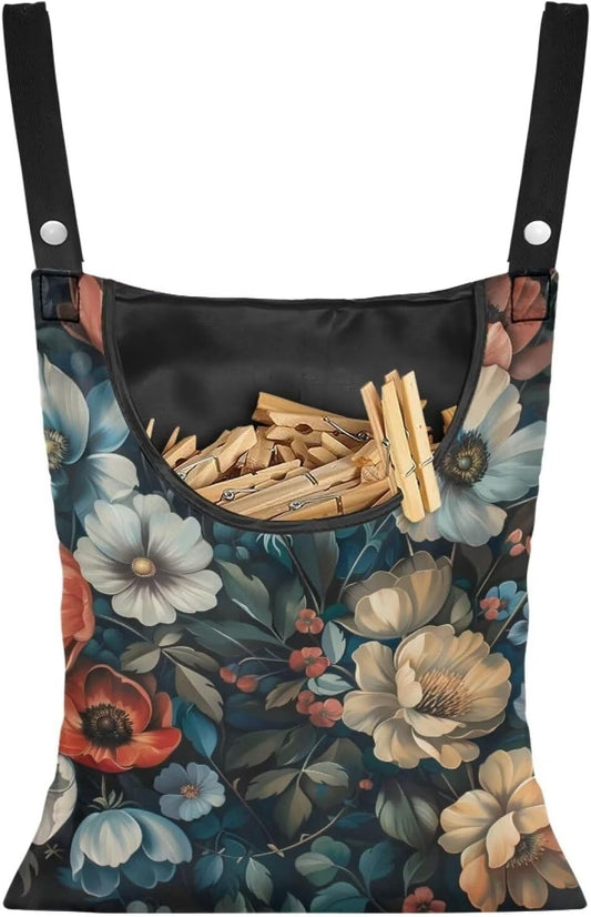 Art Flowers Clothes Pin Bag Holder - 14.5 x 12 Inch Lightweight Clothespin Bag for Easy Hang