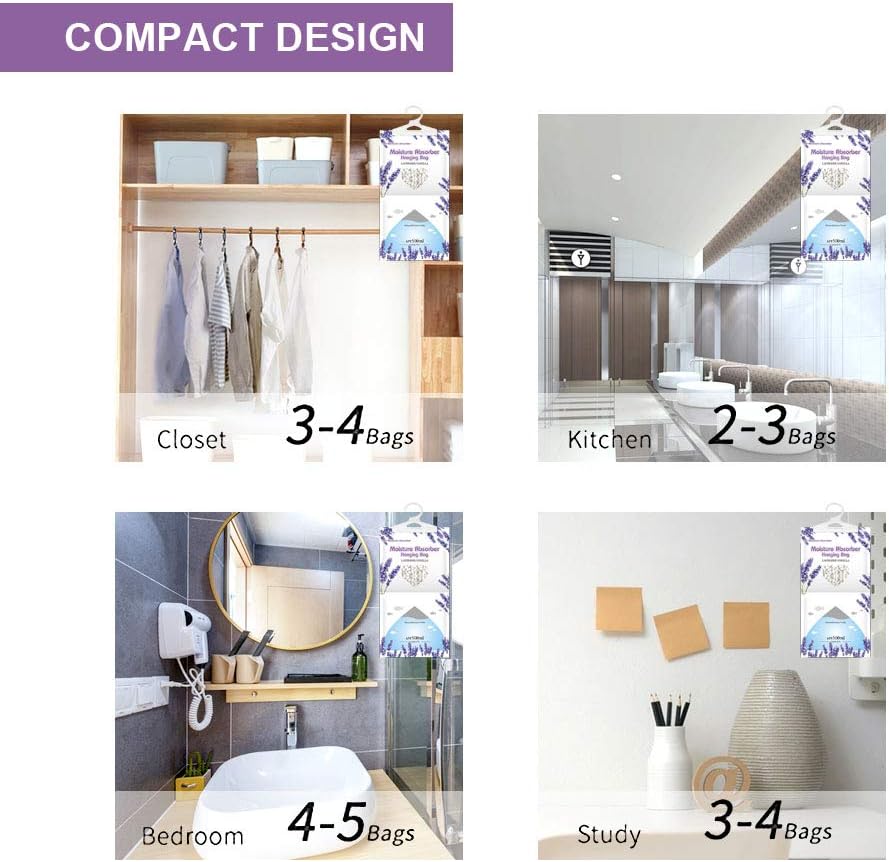 CANAGER Hanging Moisture Absorber, Lavender Vanilla Moistureproof Hanging Bag，Dehumidifier Bag (8 packs) Hanging Closet Dehumidifier Bags, Moisture Absorb 12.5 oz