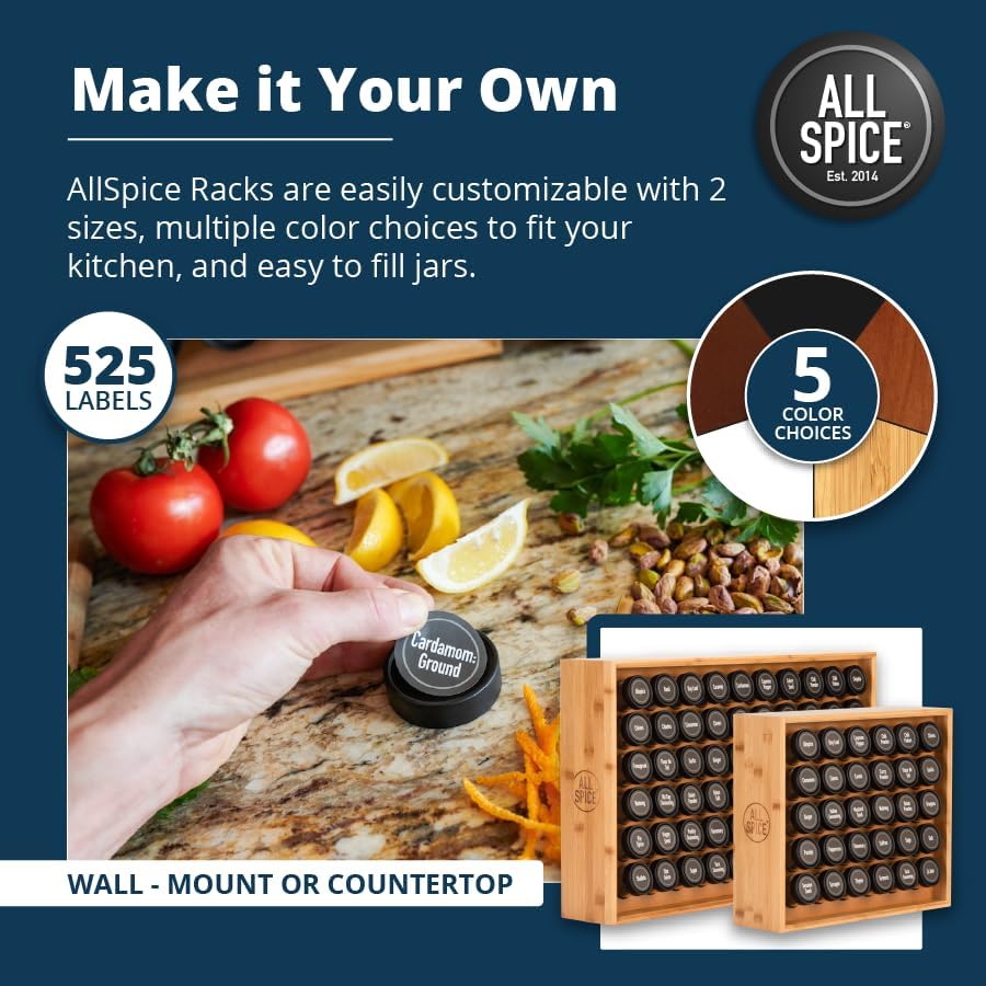 AllSpice Spice Rack Organizer, Wood, 525 Unique Labels, Countertop or Wall Mount, Includes 60 4oz Jars- Bamboo