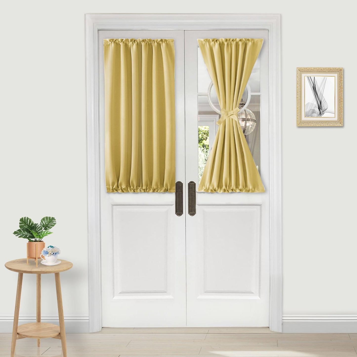 DWCN French Door Curtains – Rod Pocket Thermal Blackout Curtain for Doors with Glass Window, Kitchen and Patio Doors for Privacy, 25 X 40 Inches Long, 1 Curtain Panel with Tieback, Light Yellow