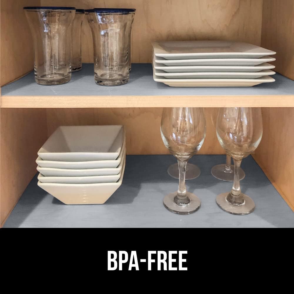 GORILLA GRIP DuraGuard Shelf Liner, Non-Adhesive Cabinet Liners for Kitchen Drawers, Shelves, Refrigerator, Pantry Storage, Bathroom Closet, Durable Waterproof BPA Free Ribbed Plastic, 12x20 Gray