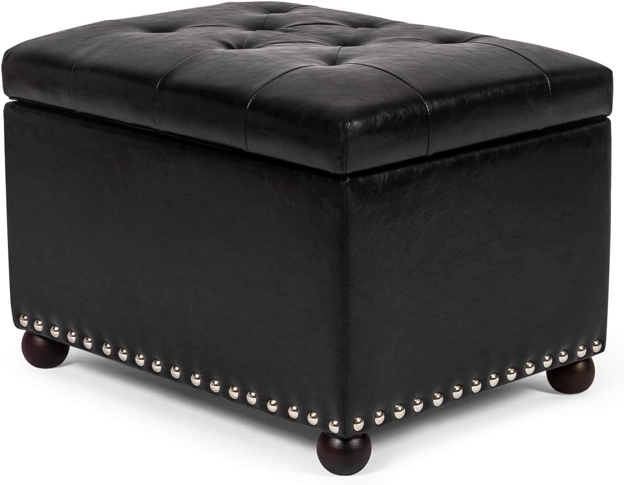 Joveco Leather Storage Ottoman, 24" Rectangle Tufted Foot Rest Stool, for Living Room Bedroom, Midnight Black