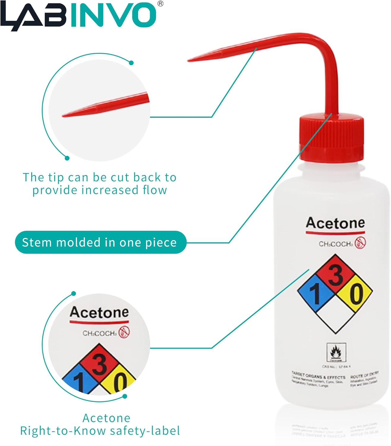 4pcs of Acetone Wash Bottles, Vol.500ml (17oz), Narrow Mouth, Self-Venting Safety Wash Bottles, LDPE Material, IN-WBA500