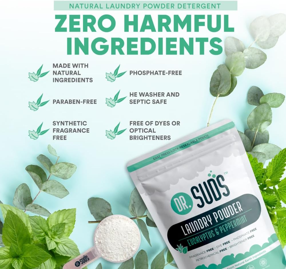 Dr Suds Natural Laundry Detergent Powder 4 Lbs 100+ Loads Scented with Eucalyptus and Peppermint Made with Natural Earth Ingredients Made in USA
