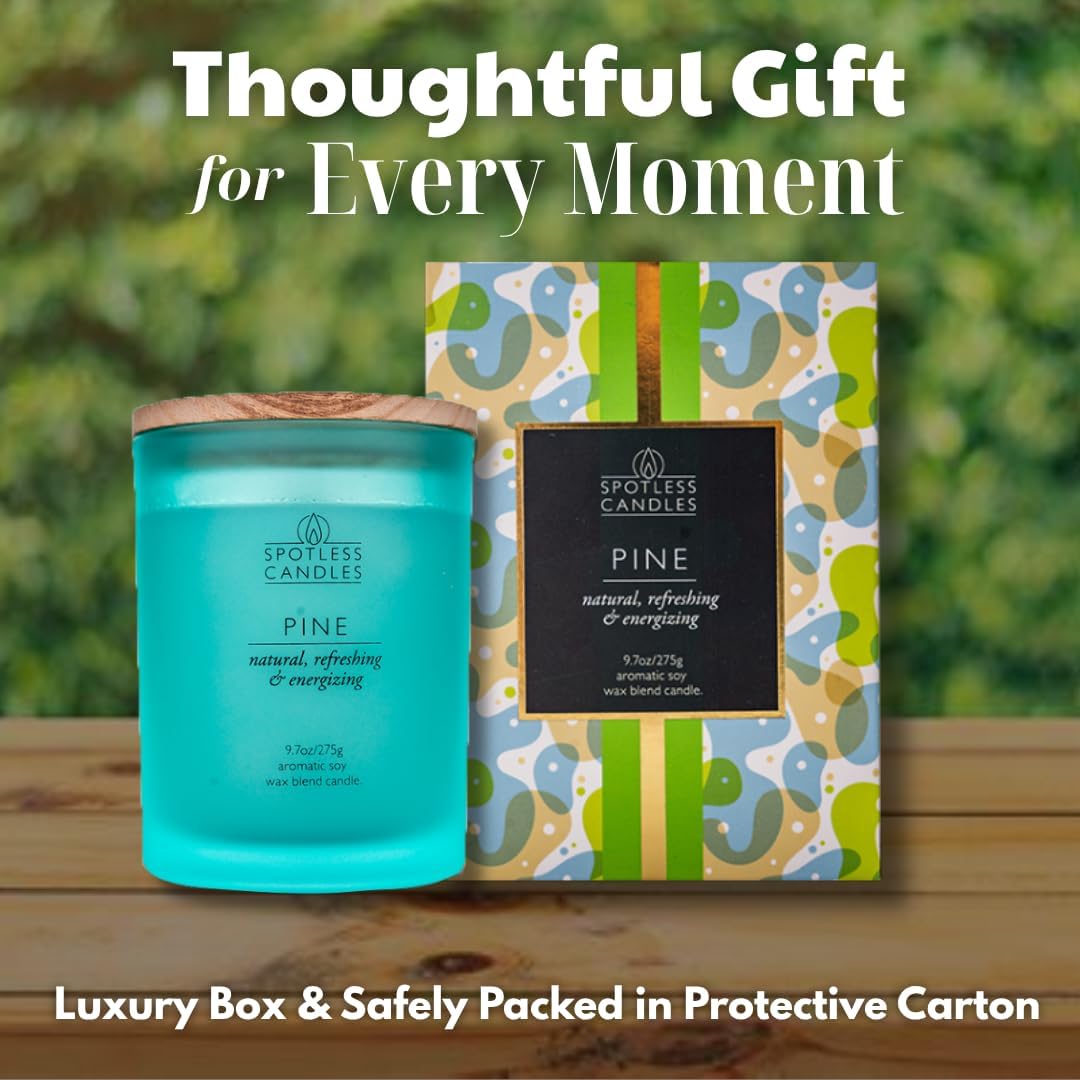 Pine Candle - 9.7 oz /275g 45-55 Hours Burn Time in Green Frosted Glass Jar with Wooden Lid and Wooden Crackling Wick in Luxurious Gift Box - Natural, Refreshing and Energising