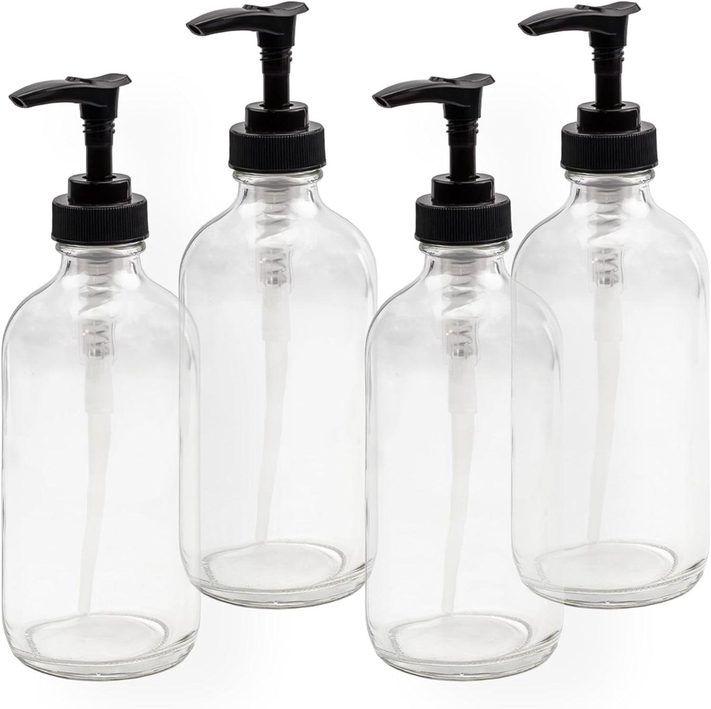 Cornucopia Brands 8oz Clear Glass Pump Bottles (4-Pack w/Black Plastic Pumps), Great as Essential Oil Bottles, Lotion Bottles, Soap Dispensers, and More