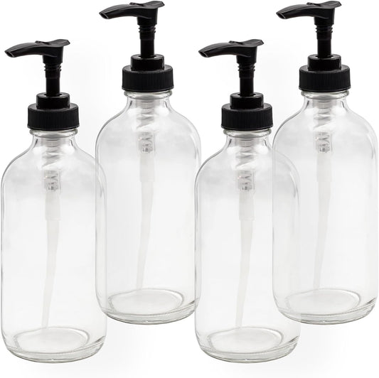 Cornucopia Brands 8oz Clear Glass Pump Bottles (4-Pack w/Black Plastic Pumps), Great as Essential Oil Bottles, Lotion Bottles, Soap Dispensers, and More
