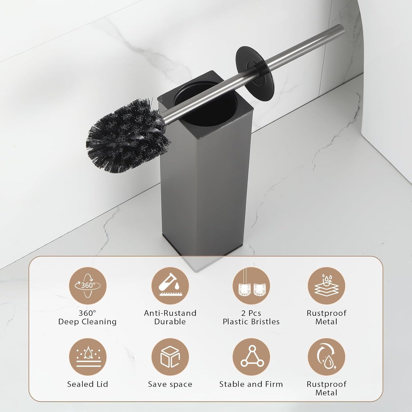 BGL Standing Toilet Brush and Holder GunGrey Aluminium Toilet Bowl Cleaner Brush and Holder for Bathroom Storage and Organization, Square Design Sturdy and Space Saving