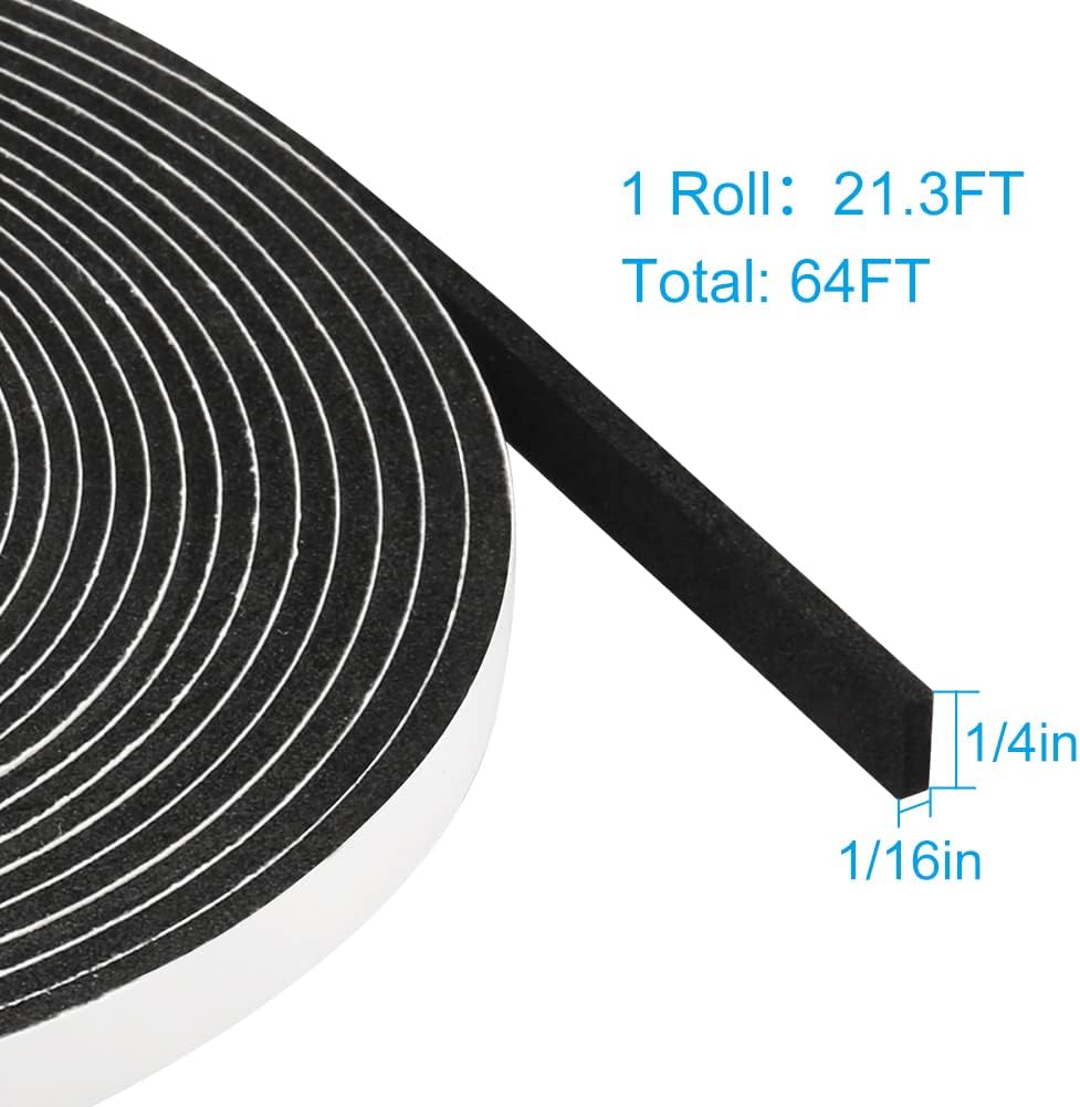 Seal Foam Tape,1/4 Inch W x 1/16 Inch T Weather Stripping for Door and Window,High Density Single Sided Closed Cell Door Insulation Weather Strip,3 Rolls Total 64FT Long
