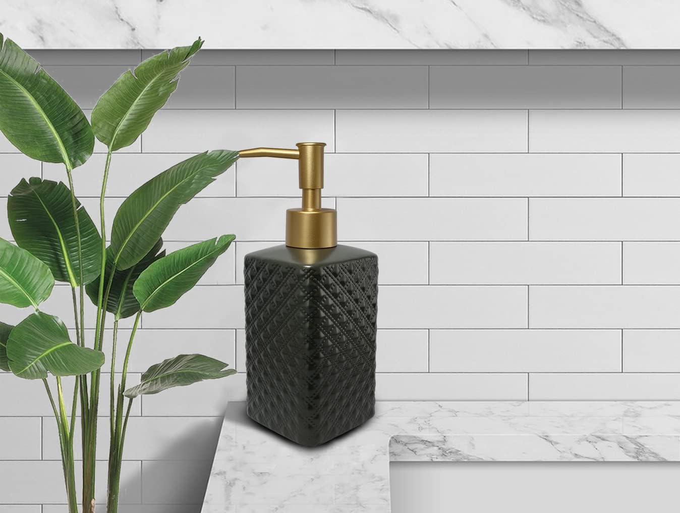 Gold Soap Dispenser for Bathroom,Black Square Lotion Dispenser, Refillable Countertop Ceramic Hand Soap Dispenser,Dish Soap Dispenser for Kitchen 350ml(Black Square Bottle)