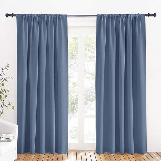 RYB HOME Blue Blackout Curtains 70 inch Width - Rod Pocket Room Darkening Window Shades Privacy Theraml Insulated Backdrops for Living Room Home Office, W70 x L84 inch, Stone Blue, 1 Pair