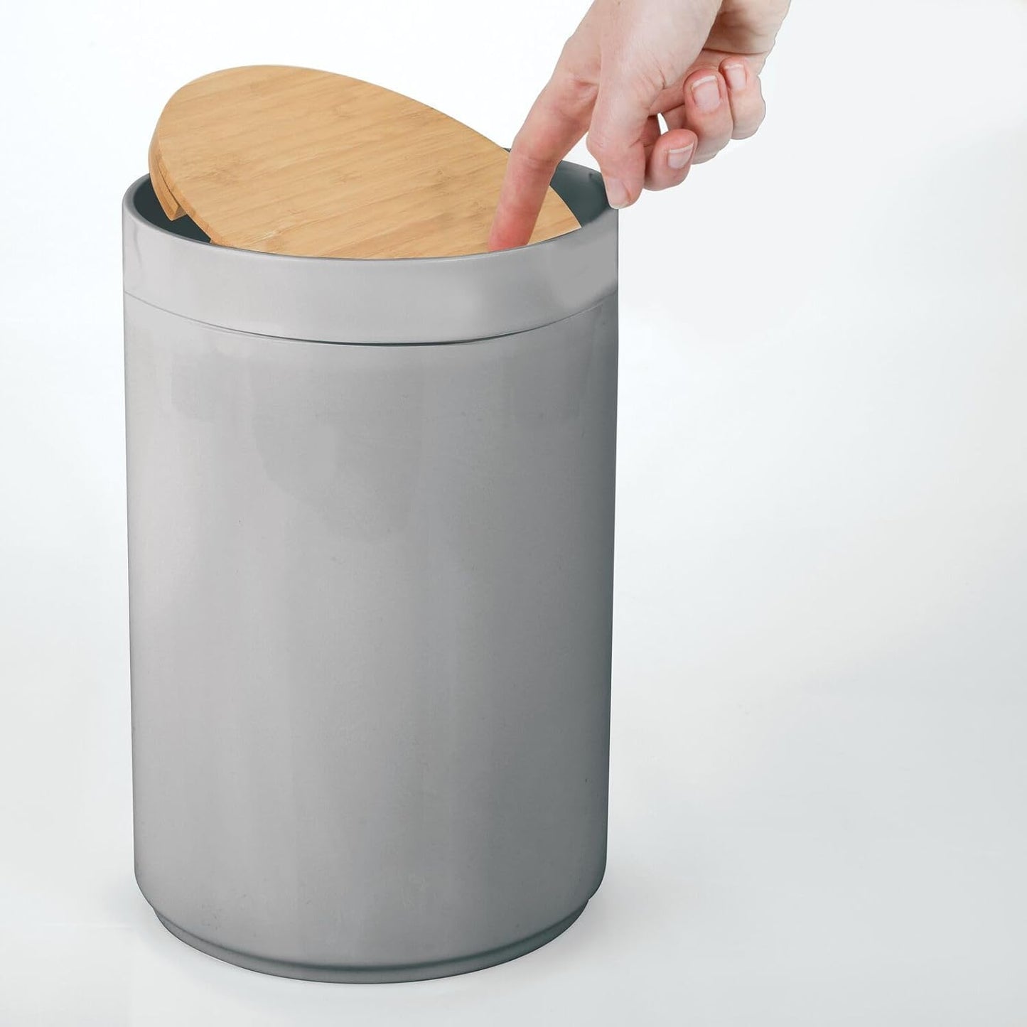 mDesign Plastic Round Trash Can Small Wastebasket - Garbage Bin Container with Swing-Close Lid - Bathroom Garbage Basket - Holds Waste, Recycling - 1.3 Gallon - Basa Collection - Gray/Natural