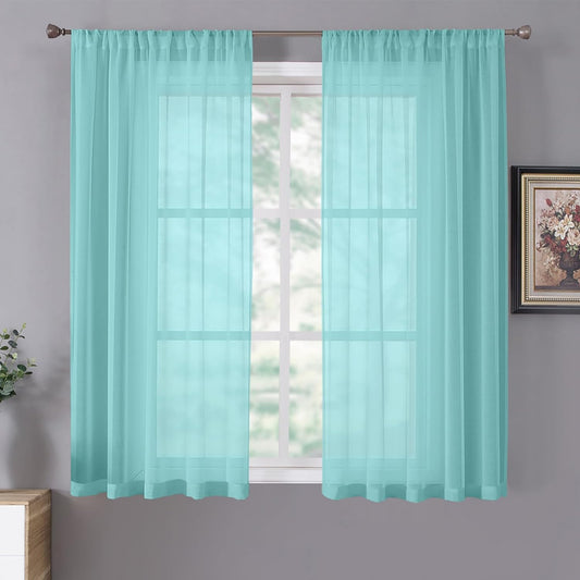 Tollpiz Sheer Curtains Linen Textured Living Room Curtain Sheers Light Filtering Rod Pocket Voile Curtains for Bedroom, 42 x 63 inches Long, Crystal Blue, Set of 2 Panels