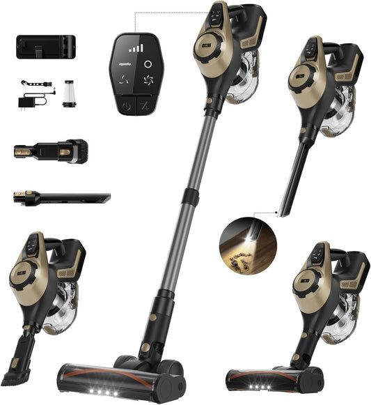 Cordless Vacuum Cleaner, 30Kpa Home Stick Vacuum, Smart Display & 1.5L Dust Cup, 55mins Max Runtime, Rechargeable Lightweight Handheld Vavuum for Pet Hair/Carpet/Hardwood Floor/Car (Golden)