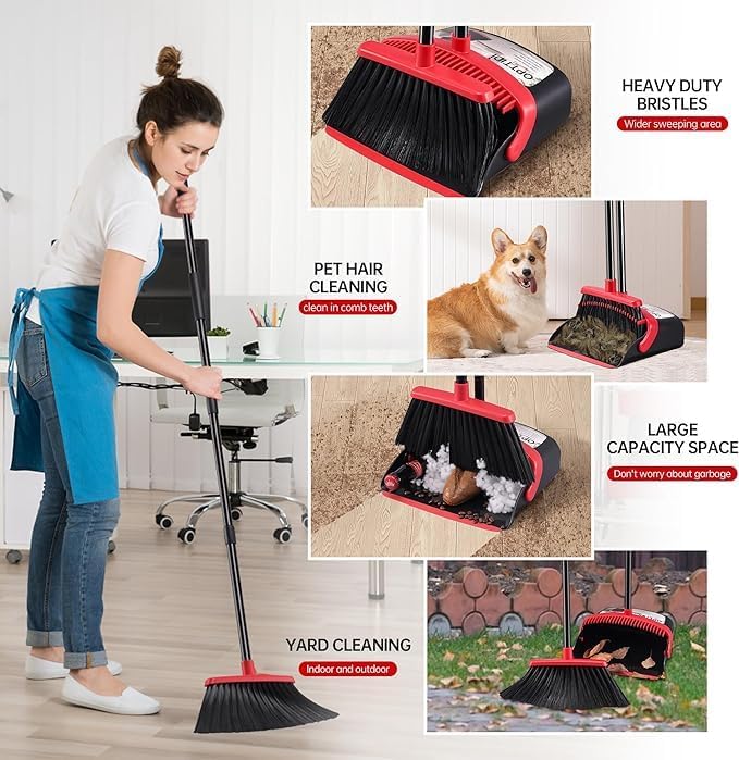 Broom and Dustpan Set – Upright Standing Broom with Long Handle and Clip-On Dustpan – Indoor Sweeping Set for Home, Office, or Kitchen – Space-Saving & Easy to Store (Red & Black)
