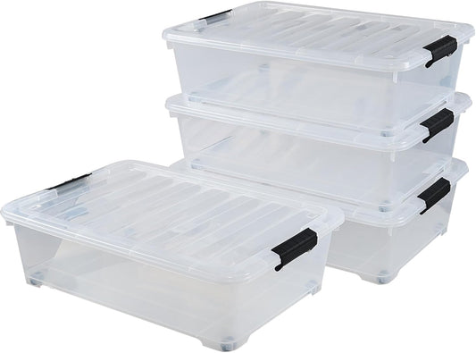 4-Pack 25 Quart Under Bed Plastic Storage Bins, Clear Under Bed Storage Box Container with Wheels