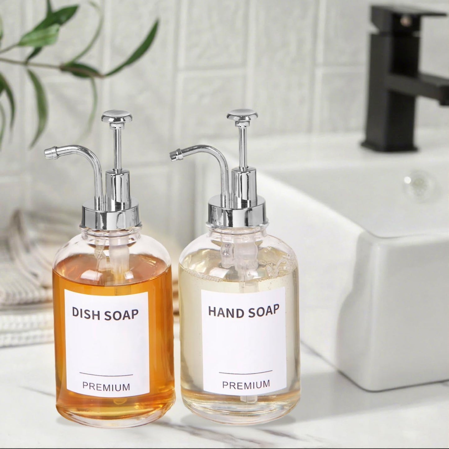 12oz Dish Soap Dispenser for Kitchen, Hand Glass Soap Dispenser Set with Pump, Tray, Funnel for Bathroom, Shower, Laundry, Liquid, Lotion (Silver 2 Pack Clear Bottles with 12 Stickers)