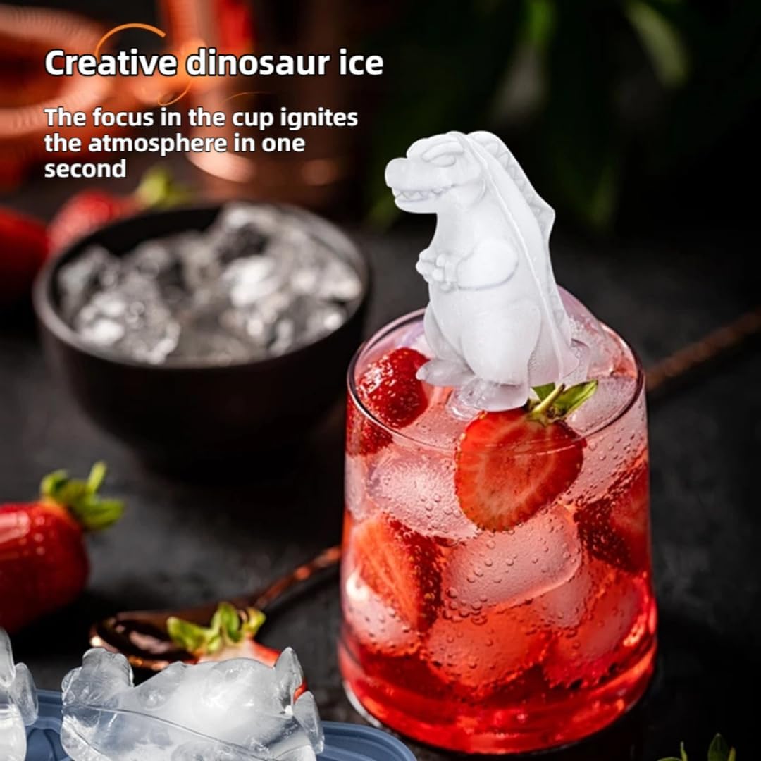 7.48inch Newly Upgraded 4-grid 3D Dinosaur Ice Tray and Covered Silicone Ice Tray, Suitable for Bars, Outdoor and Home Use (1, blue)