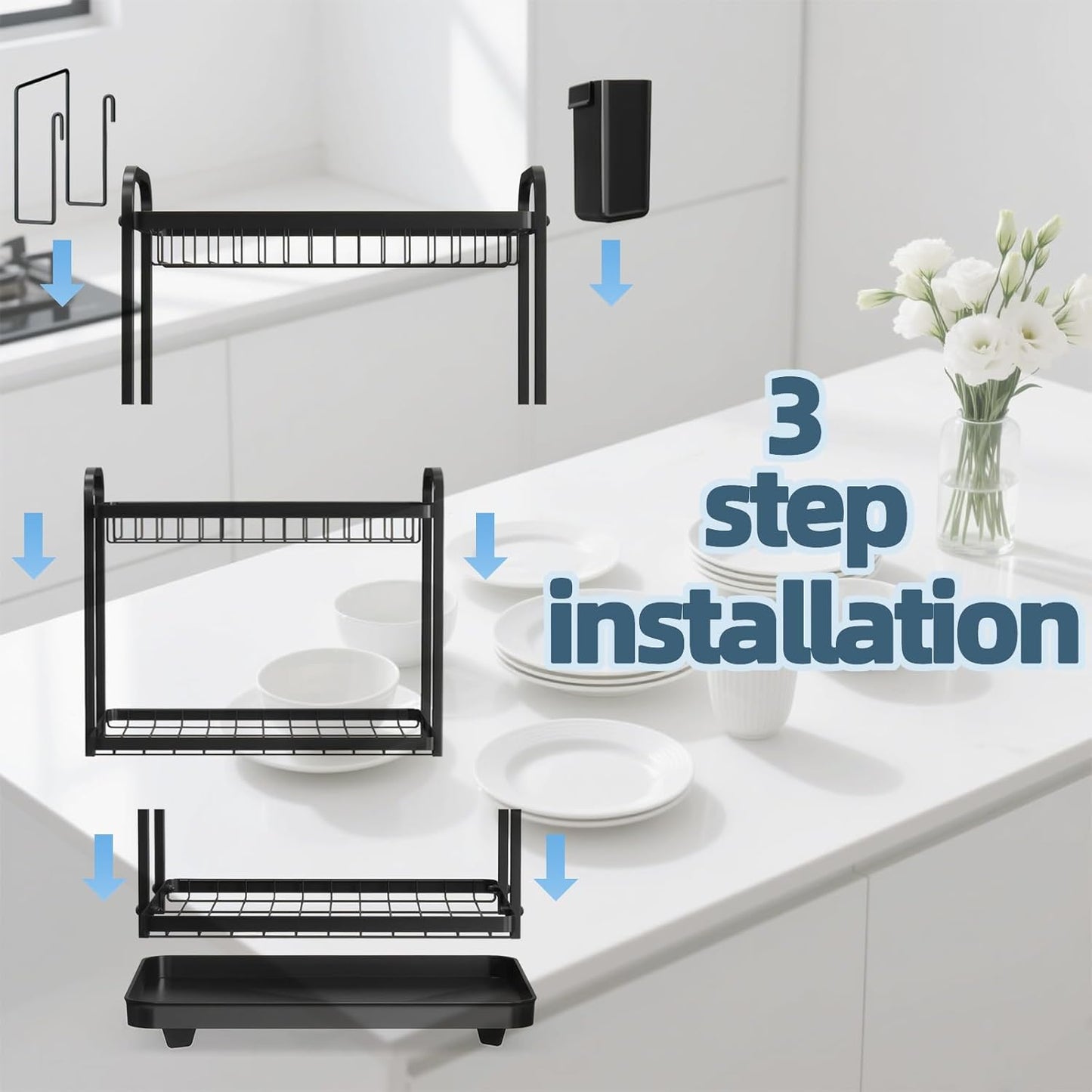 Dish Drying Rack, Stainless Steel Dish Rack, 2-Tier Kitchen Organizers for Dishes, Knives, Cups, Cutting Boards, Detachable Large Capacity Dish Drainer Organizer & Space-Saving Utensil Holder