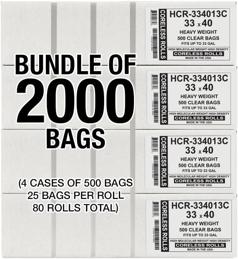 Aluf Plastics High Density Trash Bags, 33 Gallon, 2000 Count, 13 Micron (eq), 33" x 40", Clear, for Bathroom, Office, Industrial, Commercial, Janitorial, Municipal, Recycling