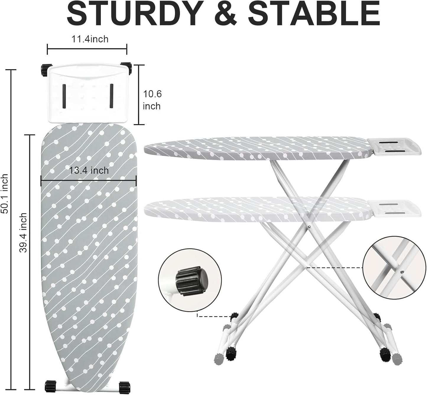 Ironing Board,Foldable Ironing Board Adjustable Height Compact Iron Board Thick Steel Tube Iron Board with Holder,Replacing Cloth Cover and Mini Handheld Gloves(Blue Dots)
