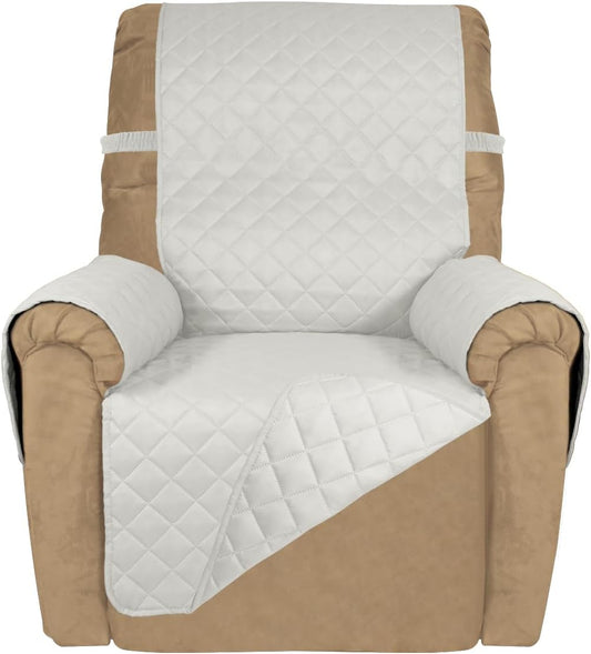 PureFit Reversible Quilted Sofa Cover, Water Resistant Slipcover Furniture Protector, Washable Couch Cover with Non Slip and Elastic Straps for Kids, Dogs, Pets (Small Recliner, Ivory/Ivory)