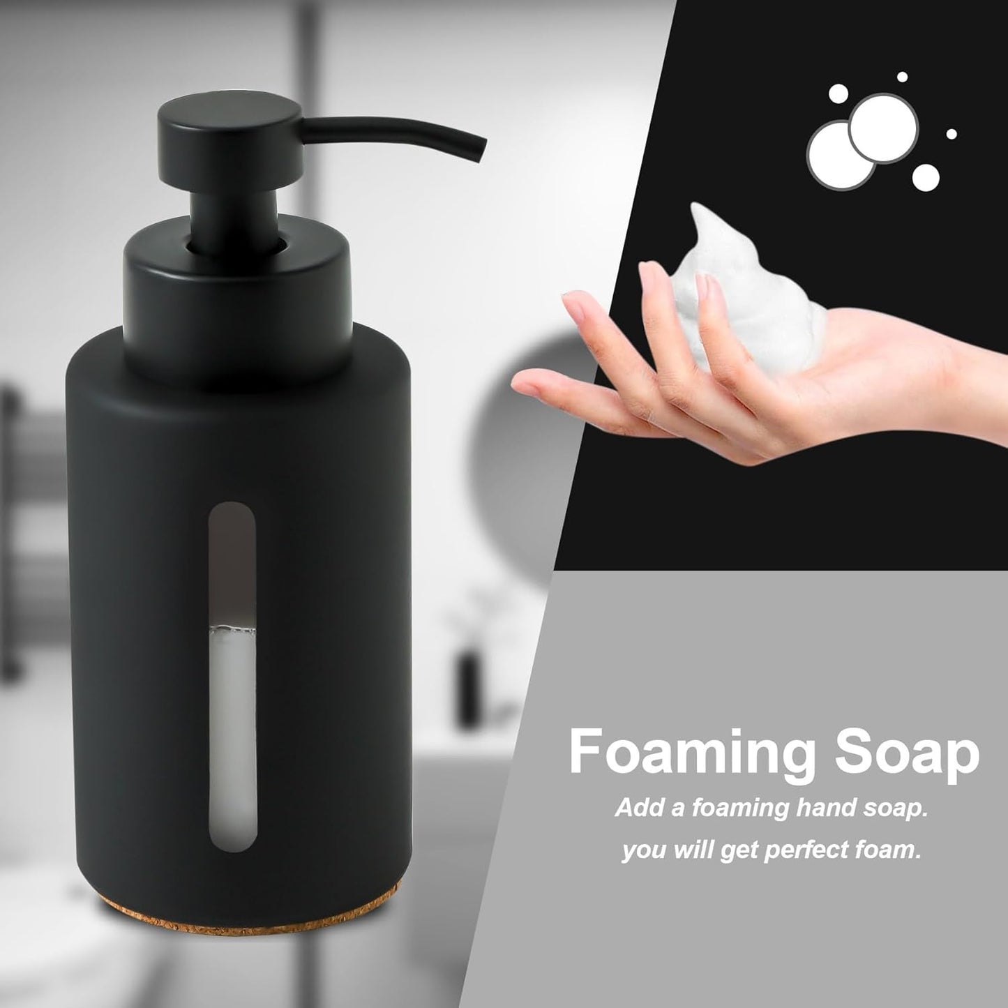 Enra Foaming Soap Dispenser with Window,12oz Bathroom Hand Soap Dispenser with Stainless Steel Foam Pump, Modern Thick Glass Refillable Bottle for Bathroom Kitchen (Black Foam Dispenser)