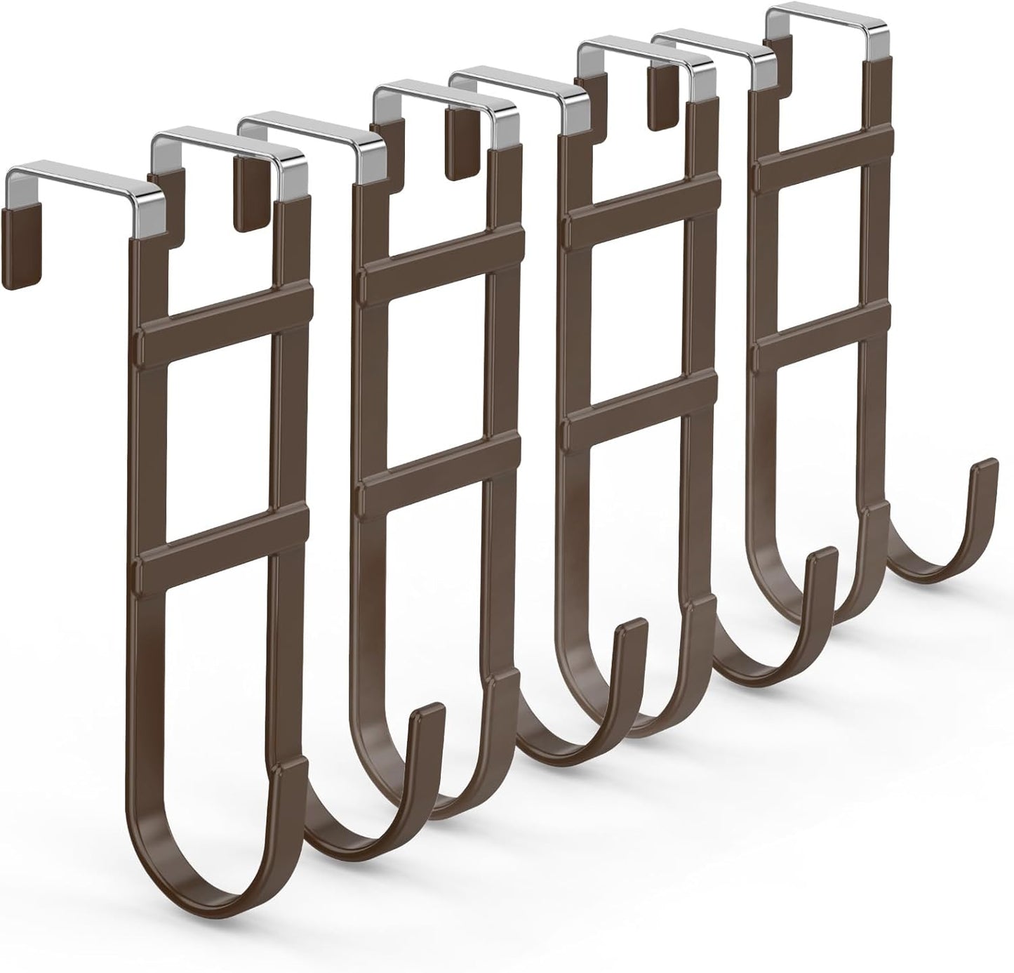 FYY Over The Door Hooks - 4 Pack Heavy Duty Dual-Hook Organizer Hanger with Non-Slip Rubber for Towels, Clothes, Hats & Bags Use in Bathroom, Bedroom, Kitchen - Fits Interior Doors Up to 1.6" Brown