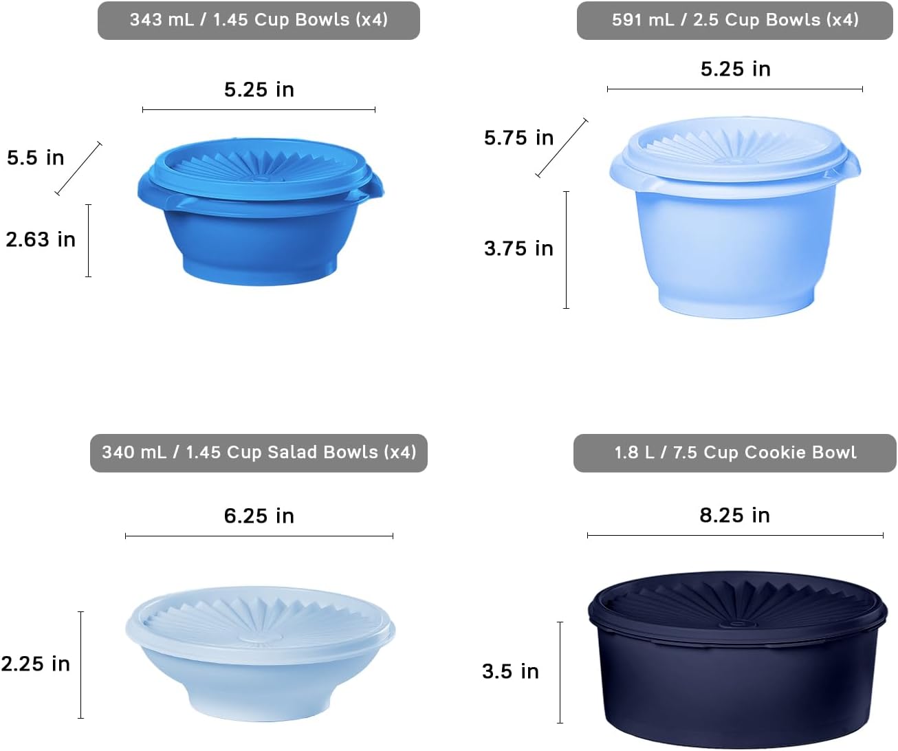 Tupperware Heritage Collection, New 10 Piece Food Storage Container Set in Vintage Blue, Dishwasher Safe and BPA Free (5 Bowls, 5 Lids)