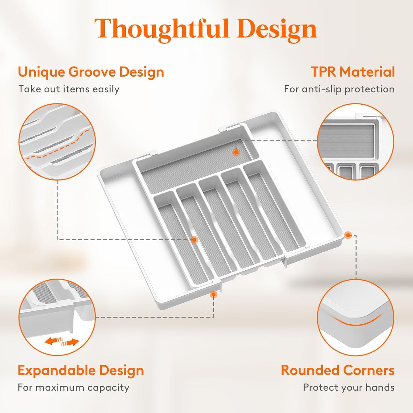 Lifewit Silverware Drawer Organizer, Expandable Utensil Tray with Non-Slip TPR, Deep Flatware Cutlery Holder, Adjustable Plastic Kitchen Storage for Spoons Forks Knives, Large, White and Gray