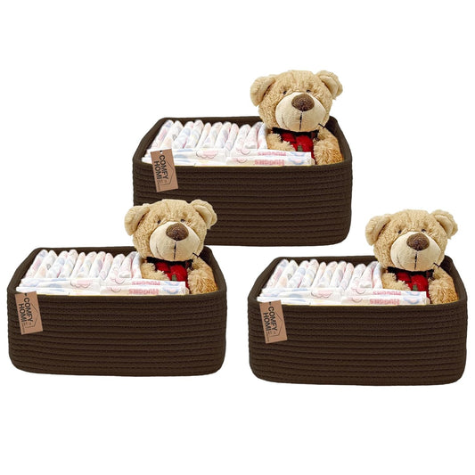 COMFY-HOMI 13" x 8.5" x 5.1" Storage Baskets for Organizing | Cotton Rope Woven Basket | Toy Storage Bin Box | Basket for Shelves, Closet Organizer Bin, Decorative Closet Shelf, 3 Pack, Dark brown