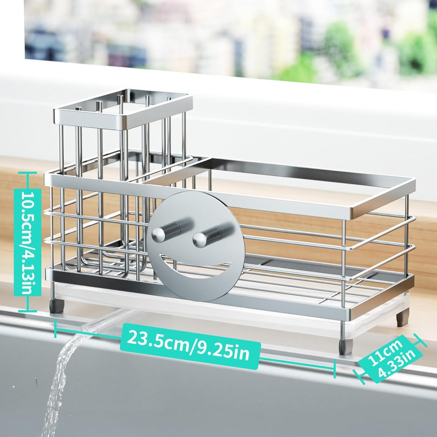 HapiRm Sponge Holder for Kitchen Sink - Self-draining Sink Caddy with Smiley Face and Brush Holder, Stainless Steel Kitchen Organizer for Countertop - Silver