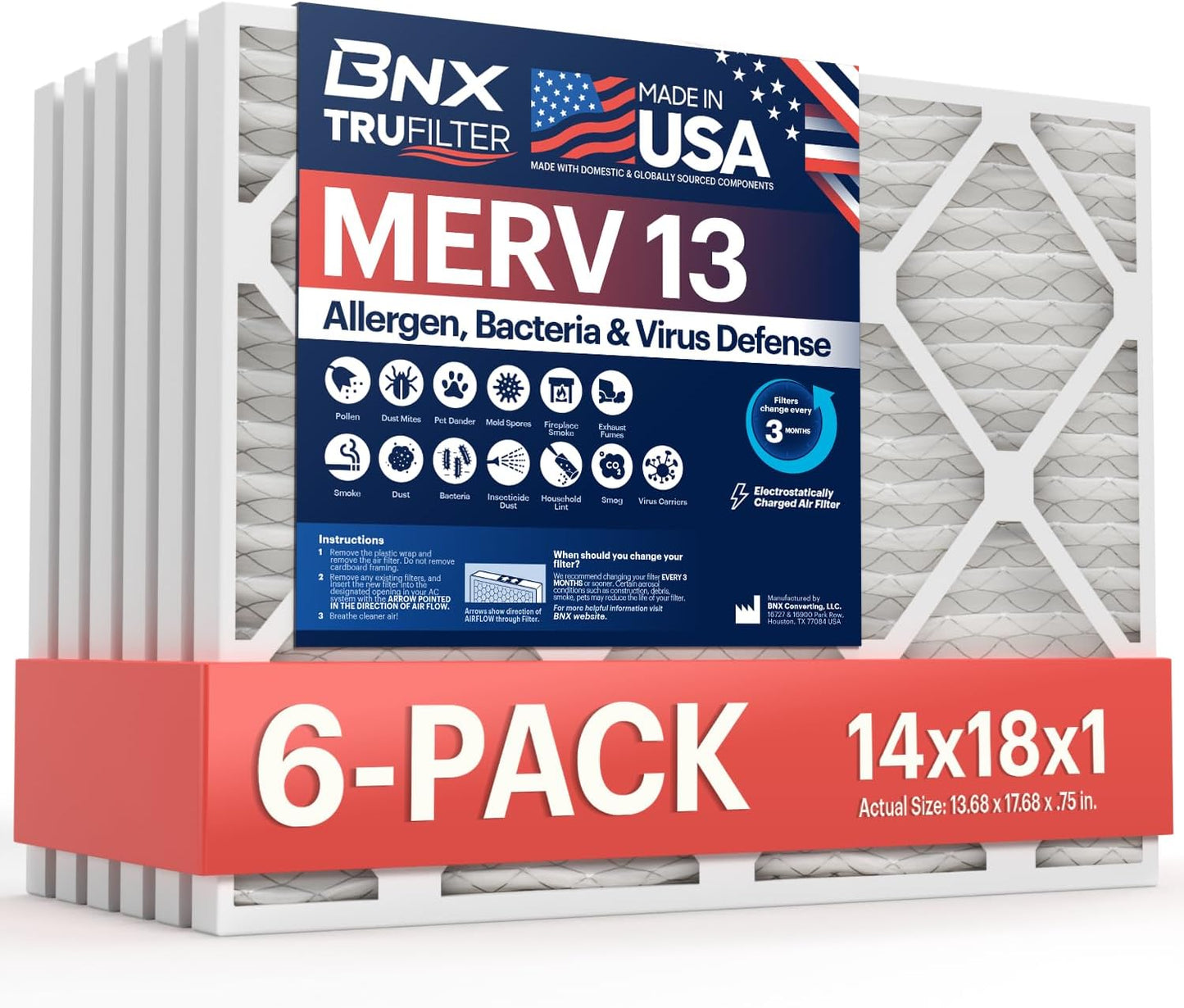 BNX TruFilter 14x18x1 Air Filter MERV 13 (6-Pack) - MADE IN USA - Electrostatic Pleated Air Conditioner HVAC AC Furnace Filters for Allergies, Pollen, Mold, Bacteria, Smoke, Allergen, MPR 1900 FPR 10
