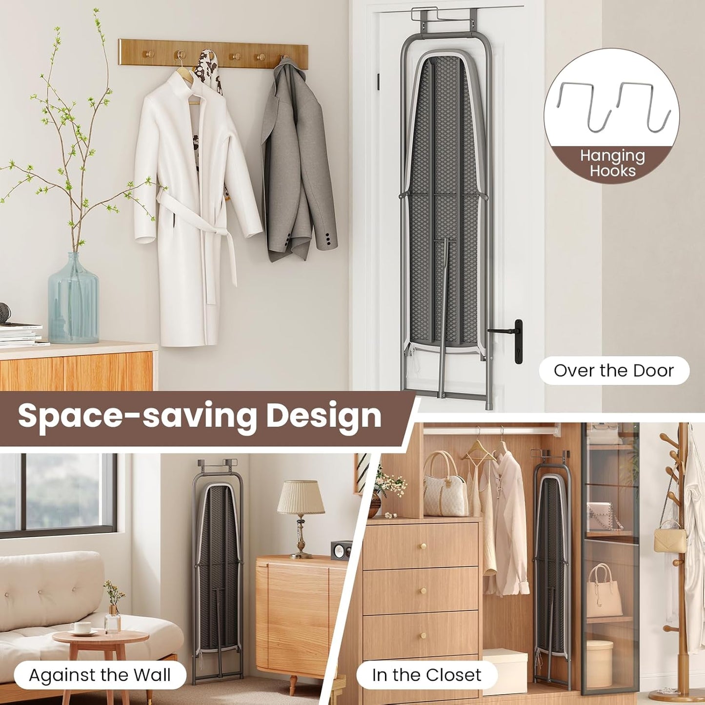 COSTWAY Over The Door Ironing Board, Space-Saving Metal Hanging Ironing Board with Iron Holder & Cotton Cover, Compact Fold Down Iron Stand for Home, Apartment, Laundry Room, Dorm, Gray