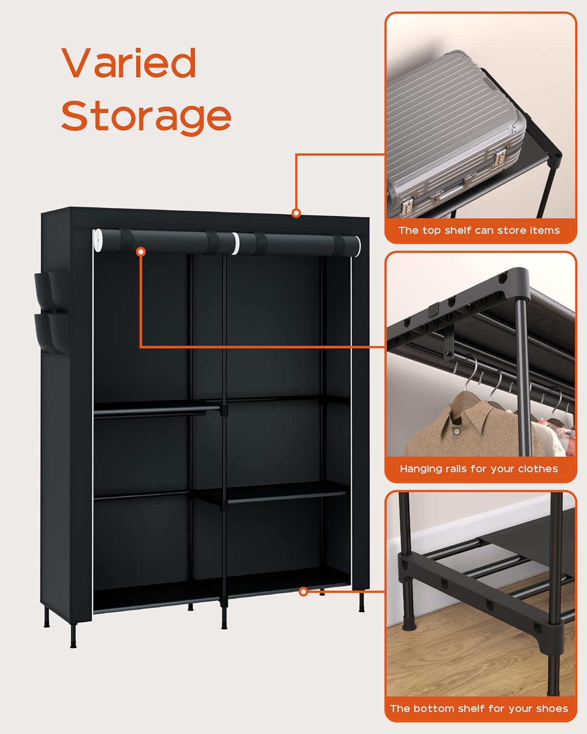 Clothes Rack, Portable Closet, 54.7 Inch Large Capacity Wardrobe Closet with Cover, Clothes Storage Organizer with Shelves and 3 Hanging Rods, Easy to Assembly, Black PCT122B01