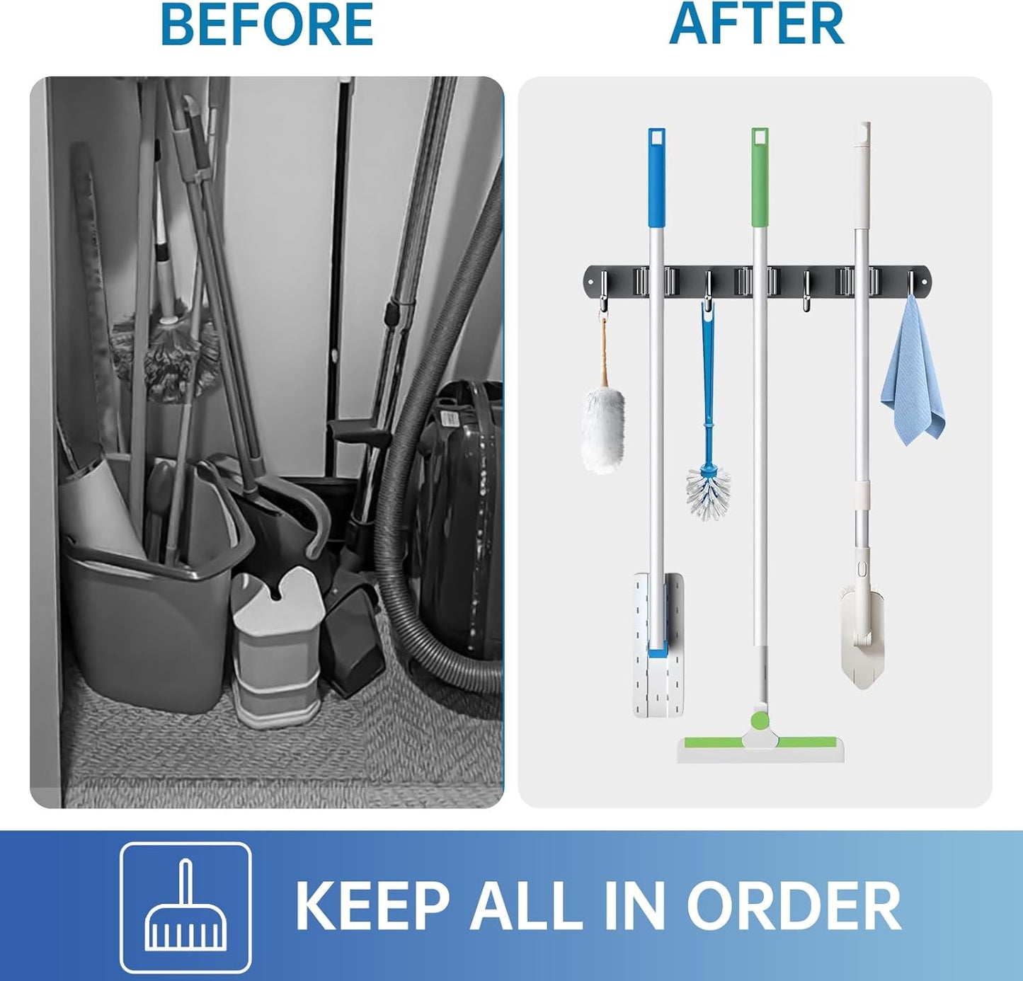 ZONGOOL 2 Pack Mop Broom Holder Wall Mount, Broom Organizer Storage Tool Racks Stainless Steel Self Adhesive Heavy Duty Hooks for Home Kitchen Garden (3 Racks with 4 Hooks, Black)