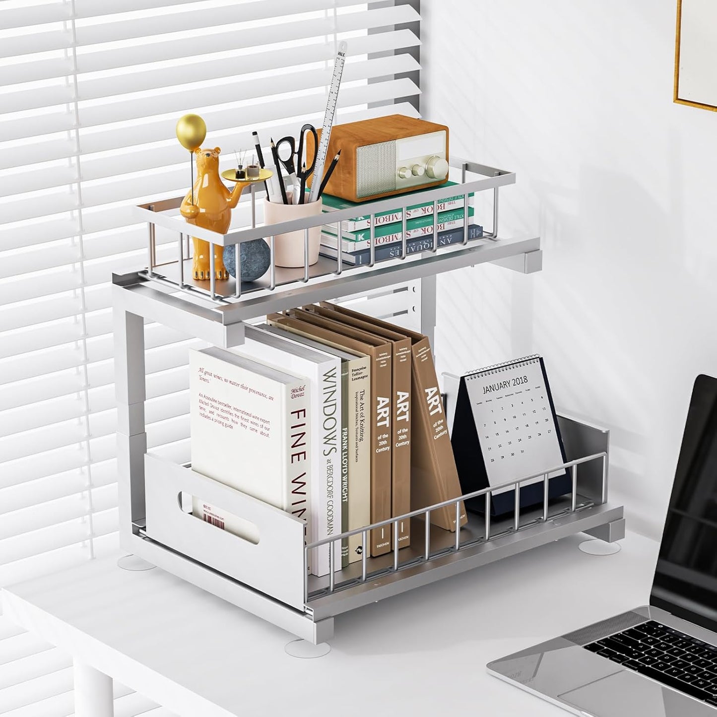 Under Sink Organizer Storage 2-Tier Heavy Duty Metal Pull Out Cabinet Organizer Slide Out Sink Shelf Organizer Height Adjustable, Multi-Purpose Storage Shelf for Kitchen Bathroom (Silver, 1 Pack)