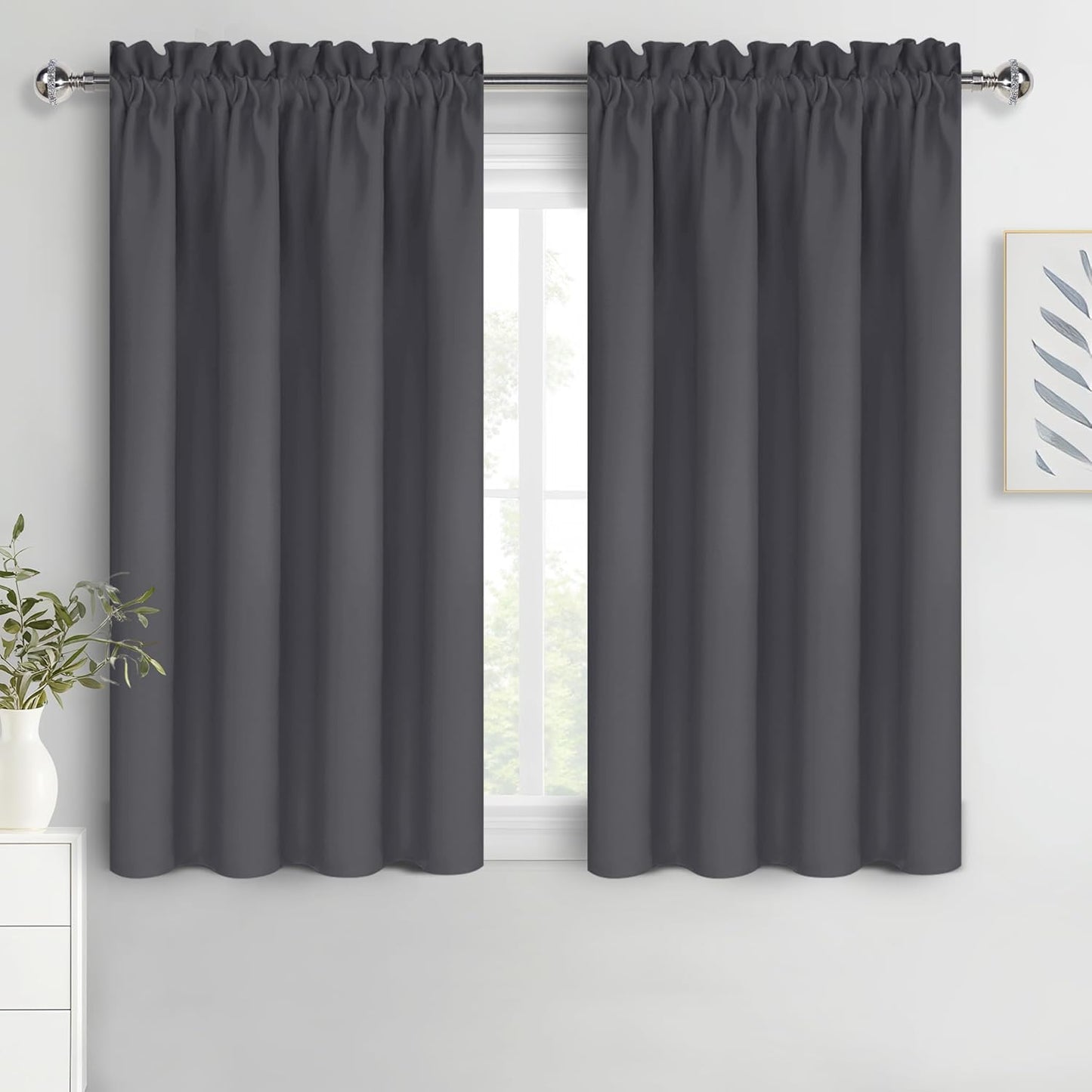DWCN Kitchen Blackout Short Curtains for Bedroom 45 Inch Length 2 Panels Set, Solid Thermal Insulated Energy Saving Rod Pocket Window Treatment Curtains Blackout Draperies (W42 x L45 Inch, Dark Grey)