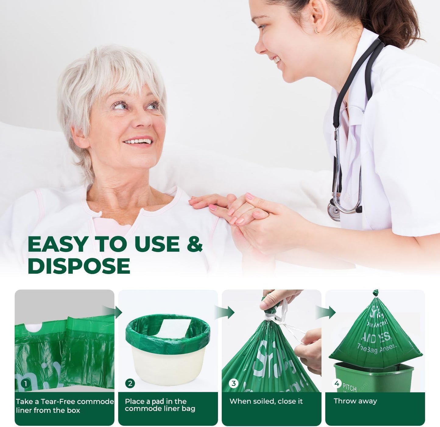 Commode Liners with Absorbent Pads, 30Pack Tear-Free Leak-Proof Bedside Commode Liners, Universal Disposable Commode/Bed Pan Liners for Bedside Commode, Standard Toilet, Chair Bucket(30Bags+30Pads)