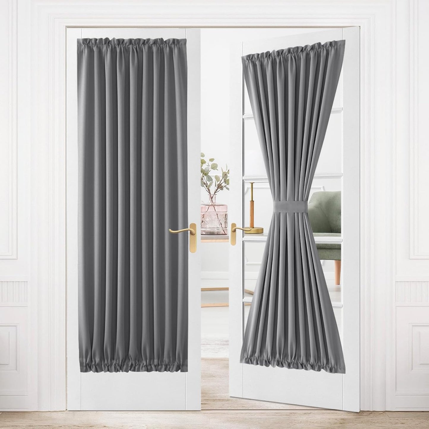 DWCN French Door Curtains – Rod Pocket Thermal Blackout Curtain for Doors with Glass Window, Kitchen and Patio Doors for Privacy, 36 X 80 Inches Long, 1 Curtain Panel with Tieback, Grey