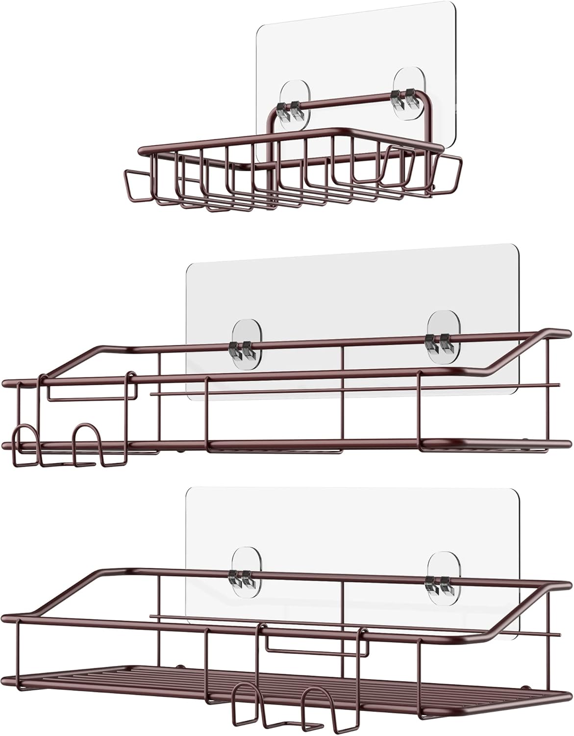 Nieifi Shower Caddy Shelf with Hooks Storage Rack Organizer Adhesive Stainless Steel without Drilling for Bathroom, Lavatory, Washroom, Restroom, Shower, Toilet, Kitchen (Brown, 3 Pack)