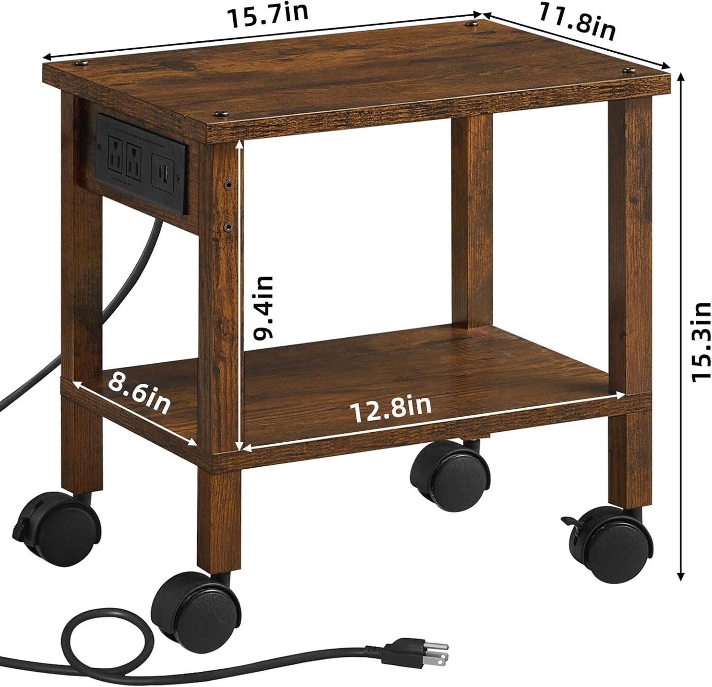 Lerliuo Under Desk Printer Stand with Charging Station, 2 Tier Wooden Small Printer Table with Storage, Rolling Printer Cart Shelf with Lockable Wheels for Home, Office (Brown)