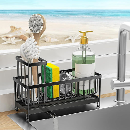 Sponge Holder for Kitchen Sink, Stainless Steel Sink Caddy with Auto Drain Tray, Kitchen Organizer with Towel Brush Holder for Countertop, Soap Dispenser Storage Accessories (Black Large)