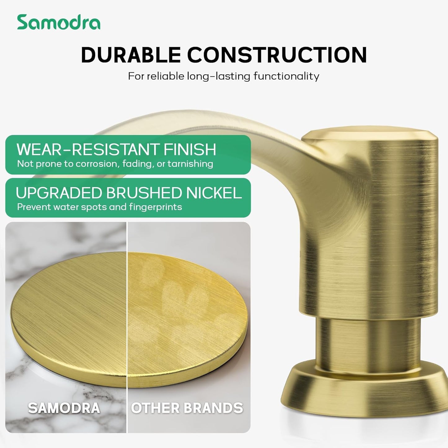 SAMODRA Built in Kitchen Sink Soap Dispenser (Brushed Gold) with 12 oz Large PET Lotion Bottle, Refill from Top