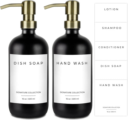 Emerson Soap Dispenser, Dish Soap Dispenser for Kitchen, Soap Dispenser Bathroom Set - Hand Soap Dispenser, Kitchen Soap Dispenser Set, Glass Soap Dispenser with Pump and Labels - 16 Oz, 2 Pack