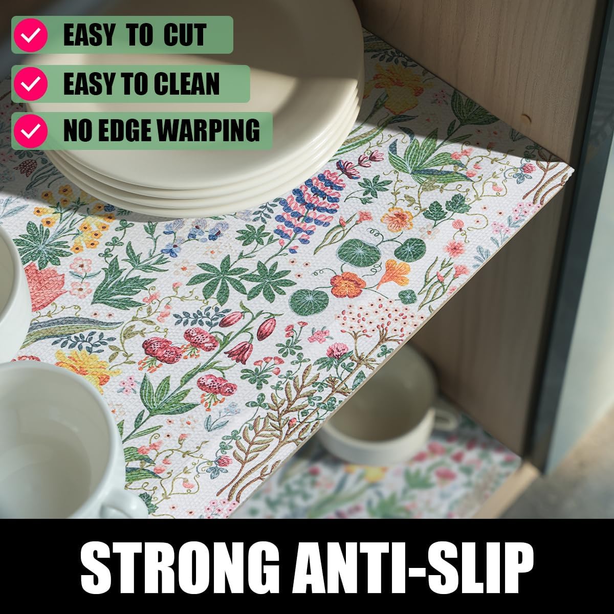 Floral Shelf Drawer Liners, 12IN x 20FT Non Adhesive and Strong Non-Slip Thickened Colorful Cabinet Drawer Shelf Liners for Kitchen Wire Fridge, Waterproof Cabinet Liner,Easy to Clean,