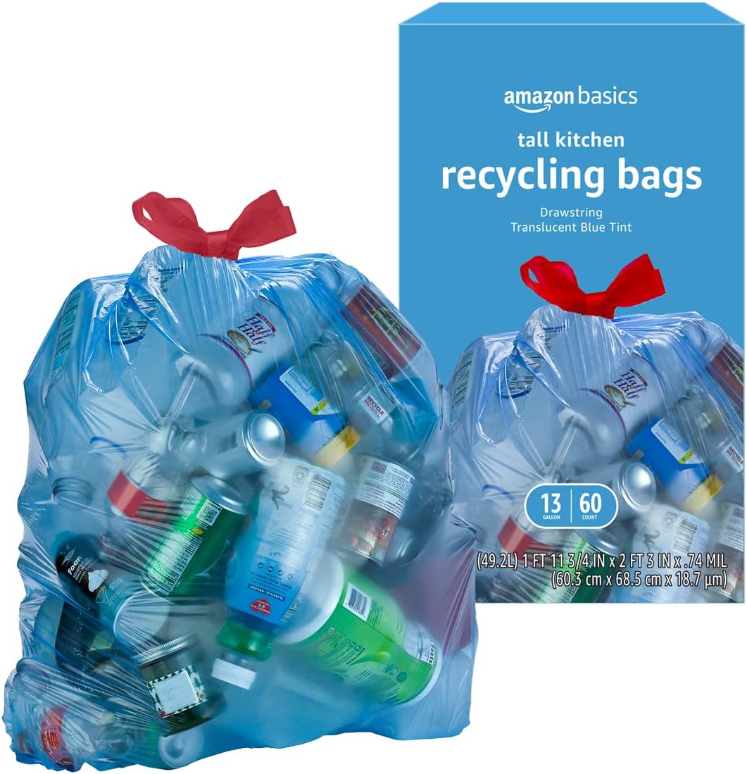 Amazon Basics Blue Recycling Trash Bags, Unscented, 13 Gallon, 60 count (Pack of 2)