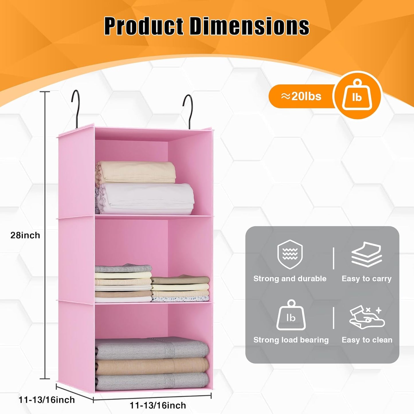 Hanging Closet Organizer and Storage 3-Shelf, Easy Mount Foldable Hanging Closet Wardrobe Storage Shelves, Clothes Handbag Shoes Accessories Storage, Washable Oxford Cloth Fabric, Pink