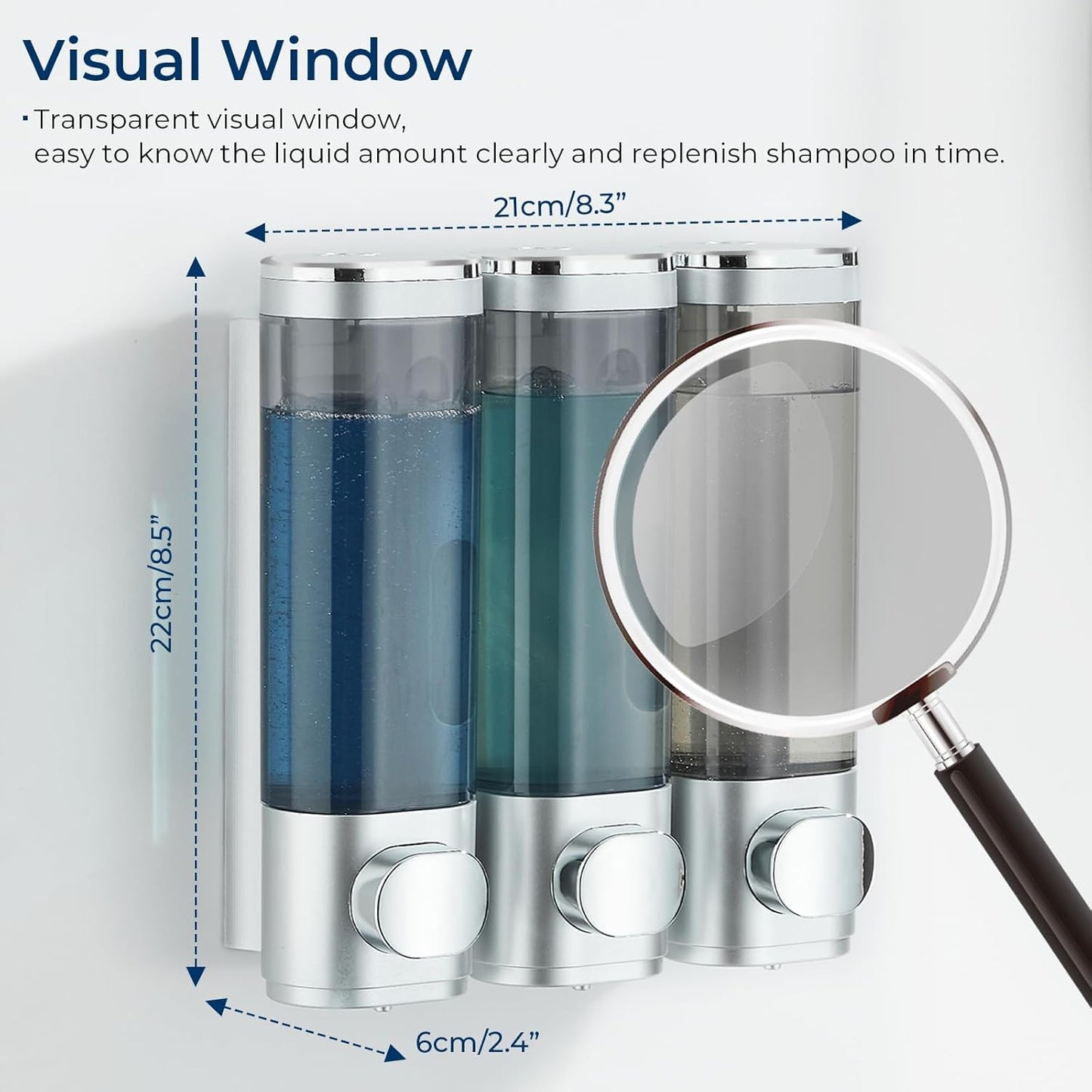 Shampoo and Conditioner Dispenser, Pollock Shower Soap Dispenser 3 Chamber No Drill, Wall Mounted Shampoo Body Wash Conditioner for Bathroom Large Capacity Silver